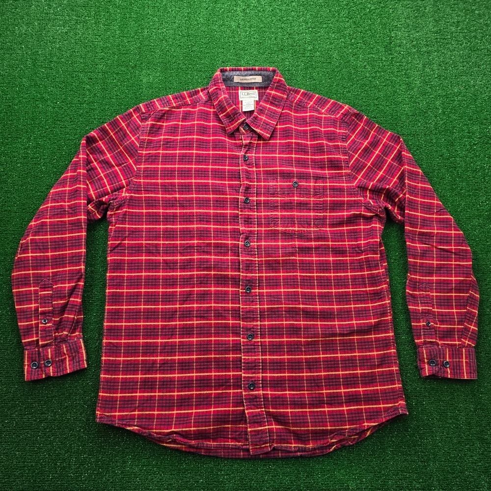 LL Bean Slightly Fitted Flannel Shirt Mens Large Red Plaid Long‎ Sleeve 502830